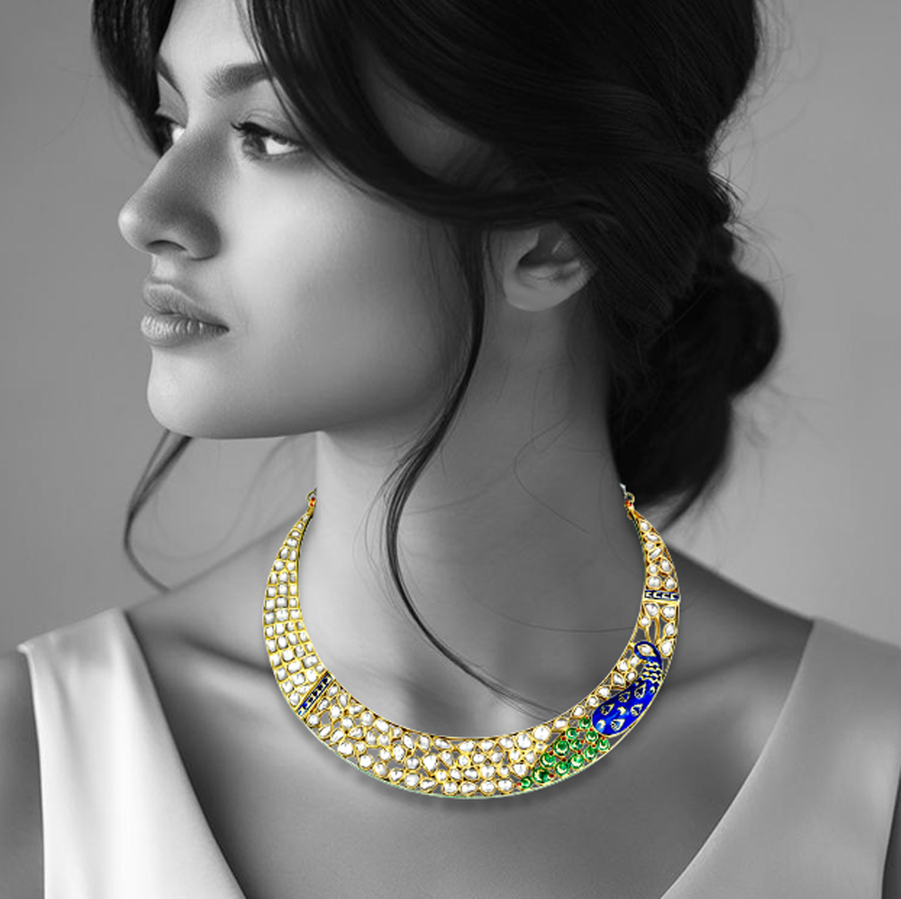 Peacock Motif Polki Hasli with Blue-Green Enamel